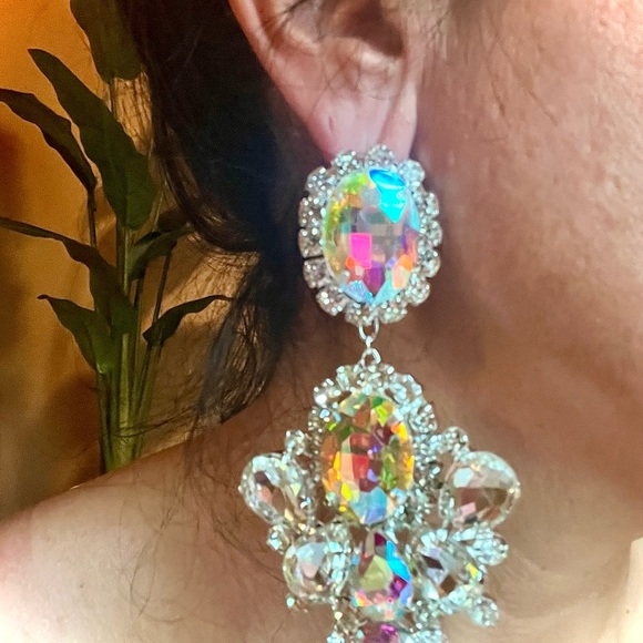 Aurora Borealis Iridescent Statement Chandelier boutique concert party earrings - Picture 4 of 4